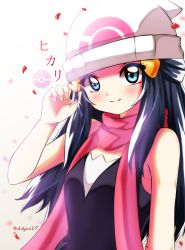 Rule 34 | 1girl, ashujou, beanie, blue eyes, blue hair, blush, breasts, closed mouth, creatures (company), dawn (pokemon), game freak, hair ornament, hat, highres, long hair, looking at viewer, nintendo, pokemon, pokemon dppt, scarf, smile, solo
