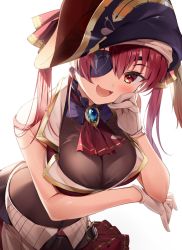 Rule 34 | 1girl, ascot, black hat, breasts, chiro (norishiro michiro), cleavage, gold trim, hair between eyes, hat, highres, hololive, houshou marine, red ascot, see-through, see-through cleavage, simple background, solo, virtual youtuber, white background