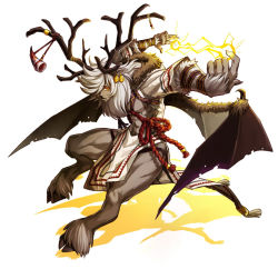 Rule 34 | 1boy, antlers, ars goetia, electricity, fur, furfur (mygrimoire), horn (instrument), horns, kyousaku, looking at viewer, male focus, monster, monster boy, mygrimoire, original, outstretched arm, simple background, solo, spikes, tabard, white background, wings, yellow eyes