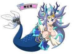 Rule 34 | 1girl, absurdres, blue eyes, blush, breasts, censored, character name, highres, jewelry, jinjahime (youkai watch), large breasts, looking at viewer, mermaid, monster girl, navel, nazca (rapid-rabbit&#039;s), necklace, nipples, no pupils, open mouth, pointy ears, seigaiha, solo, topless, youkai (youkai watch), youkai watch, youkai watch world