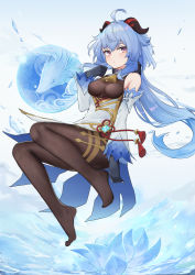 Rule 34 | 1girl, ahoge, bare shoulders, bell, black gloves, black pantyhose, blue hair, blush, breasts, chinese knot, detached sleeves, flower knot, full body, ganyu (genshin impact), genshin impact, gloves, gold trim, highres, horns, lim (ramu), long hair, looking at viewer, medium breasts, neck bell, no shoes, orb, pantyhose, purple eyes, qilin (mythology), sidelocks, solo, tassel, thighlet, thighs, vision (genshin impact), white sleeves