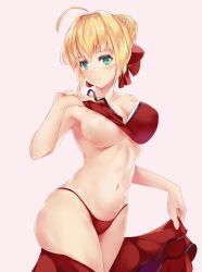 Rule 34 | 1girl, absurdres, ahoge, areola slip, bad id, bad pixiv id, bow, braid, collarbone, cowboy shot, fate/grand order, fate (series), french braid, hair bow, hair intakes, highres, lifting own clothes, looking at viewer, navel, nero claudius (fate), nero claudius (fate) (all), nero claudius (fate/extra), nipple slip, nipples, panties, pink background, red bow, red panties, simple background, standing, underwear, undressing, zomzomzomsauce