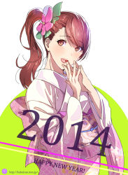Rule 34 | 10s, 1girl, 2014, bad id, bad pixiv id, brown eyes, brown hair, flower, hair flower, hair ornament, happy new year, hifumi chiyoko, japanese clothes, kimono, long hair, looking at viewer, new year, open mouth, original, side ponytail, smile, solo, steepled fingers