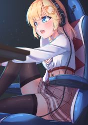 Rule 34 | 1girl, black thighhighs, blonde hair, blue eyes, blush, breasts, cable, chair, commentary, fish bone, from side, gaming chair, hair ornament, headphones, highres, hololive, hololive english, kiirokuma, long sleeves, necktie, office chair, open mouth, plaid, plaid skirt, playing games, red necktie, shirt, shirt tucked in, sitting, skindentation, skirt, solo, swivel chair, teeth, thighhighs, upper teeth only, virtual youtuber, watson amelia, white shirt, zettai ryouiki