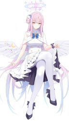 Rule 34 | 1girl, absurdres, blue archive, hair bun, highres, kuyoumi, long hair, looking at viewer, mika (blue archive), pink hair, simple background, single hair bun, smile, solo, wings, yellow eyes