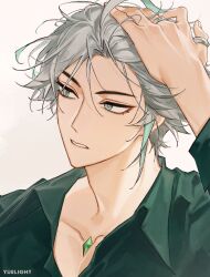 Rule 34 | 1boy, ahoge, alhaitham (genshin impact), artist name, chest jewel, collarbone, collared shirt, commentary, expressionless, gem, genshin impact, green eyes, green gemstone, green hair, green shirt, grey background, grey hair, hand on own head, hand up, highres, jewelry, long sleeves, looking to the side, male focus, multicolored hair, parted bangs, parted lips, ring, shirt, short hair, simple background, solo, symbol-only commentary, thumb ring, upper body, wing collar, yuelight