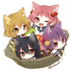 Rule 34 | 10s, 4girls, :3, ;d, \o/, ahoge, akebono (kancolle), animal ears, arms up, bell, black hair, brown eyes, cat ears, chibi, crab, fang, flower, food, frown, hair bell, hair bobbles, hair flower, hair ornament, in container, jingle bell, kantai collection, kida mochi, kidamochi, light brown hair, long hair, looking at viewer, multiple girls, neko nabe, oboro (kancolle), one eye closed, open mouth, outstretched arms, pink eyes, pink hair, pot, purple eyes, purple hair, sazanami (kancolle), school uniform, short hair, side ponytail, smile, twintails, twitter username, ushio (kancolle)