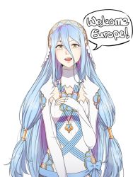 Rule 34 | 1girl, azura (fire emblem), blue hair, commentary, detached sleeves, elbow gloves, english text, fingerless gloves, fire emblem, fire emblem fates, gloves, hair between eyes, hairband, jewelry, lithety, long hair, looking at viewer, necklace, nintendo, open mouth, pendant, release date, ribbon, smile, solo, speech bubble, transparent background, upper body, very long hair, white gloves, yellow eyes