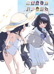 Rule 34 | 2girls, bare arms, bare legs, bare shoulders, black hair, blue archive, braid, breasts, cardigan, cleavage, closed eyes, covered navel, game screenshot inset, grey cardigan, hairband, halo, hat, highres, hinata (blue archive), hinata (swimsuit) (blue archive), jewelry, large breasts, long hair, long sleeves, multiple girls, namaonpa, neckerchief, official alternate costume, one-piece swimsuit, open mouth, pendant, pleated skirt, purple hairband, purple neckerchief, single braid, skirt, smile, straw hat, swimsuit, ui (blue archive), white one-piece swimsuit, white skirt, yellow halo