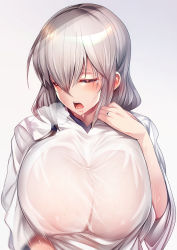 Rule 34 | 1girl, breasts, closed eyes, gradient background, grey hair, hair between eyes, hand up, heavy breathing, huge breasts, implied masturbation, jewelry, mature female, motion blur, motion lines, no bra, open mouth, raised eyebrows, ring, see-through, shirt, silly (marinkomoe), simple background, solo, sweat, tongue, upper body, uzaki-chan wa asobitai!, uzaki tsuki, wedding band, white shirt, wide sleeves
