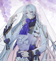 Rule 34 | 1boy, absurdres, aiguillette, alternate costume, ban tang siji qing, black bow, black shirt, bouquet, bow, bridal veil, buttons, cael anselm, cat, closed mouth, coat, earrings, flower, flower button, frilled coat, frilled shirt collar, frilled sleeves, frills, groom, hair between eyes, hair intakes, hand up, highres, holding, holding bouquet, jewelry, lace, lapels, long bangs, long hair, long sleeves, looking at viewer, lovebrush chronicles, male focus, neck ribbon, patterned clothing, purple eyes, purple flower, purple ribbon, purple rose, purple scarf, ribbon, rose, scarf, shirt, sleeve bow, smile, solo, striped clothes, striped scarf, tulip, veil, veil lift, very long hair, vest, weibo logo, weibo watermark, white coat, white flower, white hair, white vest, wisteria