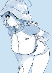Rule 34 | 1girl, arm behind back, bikini, bikini bottom only, blue archive, blue background, breasts, bucket hat, closed mouth, crop top, goshiki suzu, green eyes, halo, hat, highres, large breasts, leaning forward, long sleeves, looking at viewer, official alternate costume, raglan sleeves, saki (blue archive), saki (swimsuit) (blue archive), short hair, simple background, solo, swimsuit