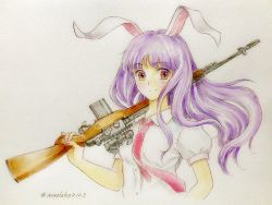 Rule 34 | 1girl, animal ears, closed mouth, collared shirt, colored pencil (medium), commentary request, gun, highres, holding, holding gun, holding weapon, long hair, looking at viewer, necktie, over shoulder, puffy short sleeves, puffy sleeves, purple hair, q-bee (aaru), rabbit ears, red eyes, red necktie, reisen udongein inaba, rifle, shirt, short sleeves, smile, sniper rifle, solo, touhou, traditional media, twitter username, upper body, weapon, weapon over shoulder, white shirt, wind