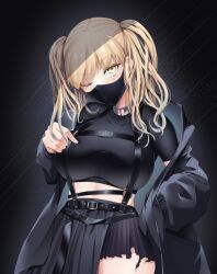 Rule 34 | 1girl, black background, black jacket, black mask, black shirt, black skirt, blonde hair, breasts, crop top, enryuu (rmxs3488), hand in pocket, harness, highres, jacket, large breasts, long hair, mask, mouth mask, nijisanji, off shoulder, one eye closed, shirt, sister claire, sister claire (9th costume), skirt, solo, torn clothes, torn skirt, twintails, virtual youtuber, yellow eyes