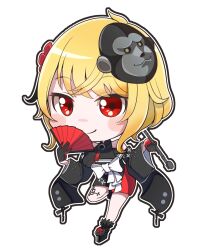 Rule 34 | 1girl, bare shoulders, black footwear, black gloves, black kimono, black sleeves, blonde hair, blush stickers, breasts, chibi, closed mouth, commentary request, detached sleeves, flower, folding fan, full body, gloves, gorilla mask, hair flower, hair ornament, hand fan, highres, holding, holding fan, holding smoking pipe, hololive, hololive indonesia, japanese clothes, kaela kovalskia, kimono, kiseru, long sleeves, looking at viewer, mask, mask on head, medium breasts, moja (mojya 777), outline, red eyes, red flower, red gloves, simple background, smile, smoking pipe, solo, standing, standing on one leg, virtual youtuber, white background, white outline, wide sleeves