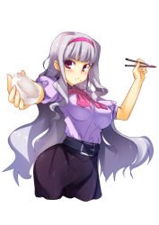 Rule 34 | 1girl, bowl, chopsticks, eating, food, food on face, hairband, highres, idolmaster, idolmaster (classic), long hair, namco, no legs, racer (magnet), red eyes, rice, rice bowl, rice on face, shijou takane, silver hair, solo, white background