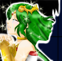 Rule 34 | green eyes, green hair, jewelry, kid icarus, long hair, nintendo, off shoulder, official art, own hands clasped, palutena, shield, silhouette, tears, thighhighs, tiara, very long hair