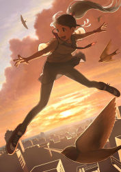Rule 34 | 1girl, bird, black pantyhose, brown eyes, brown hair, building, city, cityscape, cloud, commentary, dutch angle, flying, highres, horizon, light, long hair, necktie, open mouth, original, outstretched arms, pantyhose, ponytail, rikizo, school uniform, see-through, shoes, sky, smile, sneakers, solo, sunset, surreal, swallowing, watch, wind, wristwatch