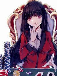 Rule 34 | 10s, 1girl, black hair, black ribbon, blush, breasts, card, chair, commentary request, fingernails, fingers to mouth, formal, highres, hime cut, jabami yumeko, jacket, kakegurui, lips, long hair, looking at viewer, medium breasts, playing card, poker chip, red eyes, red suit, ribbon, school uniform, shirt, sitting, smile, solo, suit, suit jacket, very long hair, white background, ykelo