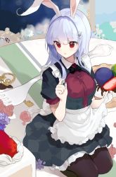 Rule 34 | 1girl, alice in wonderland, alternate costume, animal ears, apron, apron hold, black bow, black bowtie, black dress, black pantyhose, blue hair, blush, bottle, bow, bowtie, cake, chimi (s2yuyukos2), dress, drink me potion, flower, food, fork, frilled apron, frilled skirt, frills, full body, hair ornament, highres, holding, key, long hair, looking at object, mini person, minigirl, on table, open mouth, pantyhose, puffy short sleeves, puffy sleeves, rabbit ears, rabbit girl, red dress, red eyes, reisen udongein inaba, seiza, short sleeves, sitting, skirt, solo, table, tablecloth, touhou, two-tone dress, white apron