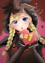 Rule 34 | 1girl, :o, animal hood, black gloves, blue eyes, commentary request, fangs, fingerless gloves, fortnite, gloves, happy valentine, heart, highres, holding, holding heart, hood, long sleeves, looking at viewer, solo, valentine, yuki (angieee)