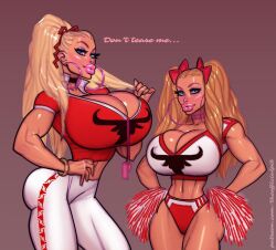 2girls ass bimbofication blonde_hair blue_eyes breasts cheerleader choker cleavage coxville_stories earrings hoop_earrings huge_ass huge_breasts jenny_summers jewelry kitty_summers long_hair looking_at_viewer mother_and_daughter multiple_girls pink_lips pinup_(style) shiny_skin theofficialpit thick_thighs thighs twintails