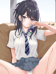 Rule 34 | 1girl, absurdres, black hair, blue eyes, blue nails, blue necktie, blush, breasts, ca paria, character doll, character charm, clothes lift, collared shirt, diagonal-striped clothes, diagonal-striped necktie, dot nose, dress shirt, highres, holding, idolmaster, idolmaster shiny colors, indoors, kazano hiori, charm (object), long hair, looking at viewer, medium breasts, mole, mole under mouth, multicolored necktie, nail polish, necktie, panties, parted lips, plaid, plaid skirt, pleated skirt, ponytail, school uniform, shirt, shirt tucked in, sitting, skirt, skirt lift, solo, spread legs, striped clothes, striped necktie, summer uniform, swept bangs, tanaka mamimi, underwear, uniform, white panties, white shirt, window