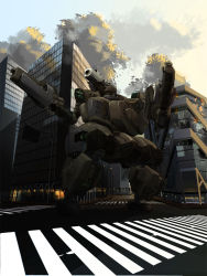 Rule 34 | armored core, armored core: for answer, city, from software, grenade cannon, grenade launcher, highres, mecha, reverse joint, reverse legs, robot, weapon