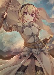 Rule 34 | 1girl, armor, black gloves, black hairband, black shorts, black thighhighs, blonde hair, blue sky, breastplate, breasts, brown eyes, cloud, cloudy sky, day, e20, female knight, fingerless gloves, gloves, hair between eyes, hairband, hand up, highres, holding, holding sword, holding weapon, jashin-chan dropkick, knight, outdoors, pekora (jashin-chan dropkick), short shorts, shorts, sky, small breasts, solo, standing, sword, thighhighs, weapon