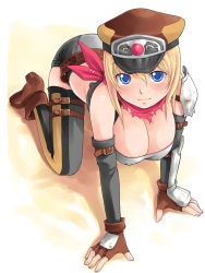 Rule 34 | 1girl, all fours, armor, belt, blonde hair, blue eyes, boots, breasts, brown footwear, cleavage, fantasy earth zero, fingerless gloves, gloves, hair between eyes, hat, highres, huge breasts, kuboshun, light smile, looking at viewer, scarf, seven flavor spice, shadow, short hair, short shorts, shorts, shoulder pads, smile, solo, thighhighs