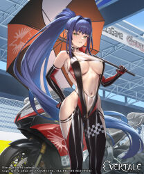 Rule 34 | 1girl, bare shoulders, biker clothes, bikesuit, blue hair, bodysuit, breasts, cleavage, cuboon, evertale, green eyes, grin, hand on own hip, highres, holding, holding umbrella, large breasts, long hair, looking at viewer, ludmilla (evertale), motor vehicle, motorcycle, navel, official art, ponytail, race queen, see-through, smile, solo, umbrella, very long hair