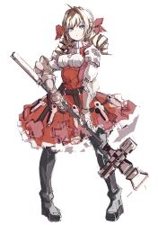 Rule 34 | 1girl, absurdres, ahoge, blonde hair, blue eyes, boots, breasts, closed mouth, commentary request, dot mouth, dress, drill hair, expressionless, full body, gauntlets, hair intakes, hair ribbon, highres, holding, holding weapon, legs apart, long hair, looking afar, medium breasts, red dress, red ribbon, ribbon, scarlett (unicorn overlord), sketch, solo, standing, twin drills, unicorn overlord, weapon, white background, yoto (rinlin2)