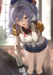 Rule 34 | 1girl, absurdres, black skirt, black socks, blue eyes, blurry, blurry background, commentary request, epaulettes, feet out of frame, gloves, grey hair, highres, jacket, kantai collection, kashima (kancolle), long hair, long sleeves, looking at viewer, military, military jacket, military uniform, neckerchief, pleated skirt, red neckerchief, sidelocks, skirt, socks, solo, standing, taki rentaro, twintails, uniform, wavy hair, white gloves, white jacket, window