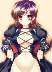 Rule 34 | 1girl, blush, bottomless, breasts, cape, censored, cleavage, clothes lift, dress, dress lift, female focus, gradient hair, groin, hijiri byakuren, large breasts, long hair, multicolored hair, navel, no bra, no panties, out-of-frame censoring, ribbon, solo, takeda aranobu, touhou, yellow eyes