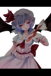 Rule 34 | 1girl, ascot, bat wings, blue hair, bow, brooch, cup, hat, hat bow, jewelry, letterboxed, miiiiiiii, mob cap, nail polish, red eyes, red nails, remilia scarlet, solo, tea, teacup, touhou, wings