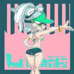 Rule 34 | + +, 1girl, 2017, :d, ass, back, backboob, bad id, bad twitter id, bare shoulders, bikini, bracelet, breasts, dated, earrings, fang, from behind, green bikini, hair ornament, inkling, jewelry, looking at viewer, looking back, marie (splatoon), mole, mole under eye, nintendo, open mouth, outstretched arm, pani spla, pointy ears, ponytail, short shorts, shorts, silver hair, smile, solo, splatoon (series), splatoon 2, swimsuit, symbol-shaped pupils, teeth, visor cap, yellow eyes