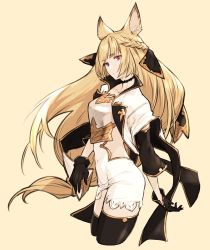Rule 34 | 10s, 1girl, animal ears, black gloves, blonde hair, braid, choker, collarbone, covered navel, cropped legs, detached sleeves, erune, gloves, granblue fantasy, looking at viewer, red eyes, robo8, simple background, solo, thighhighs, yellow background, yuisis (granblue fantasy)