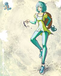 Rule 34 | 1girl, abstract background, absurdres, anonyx nugax, backpack, bag, bare shoulders, blue hair, creatures (company), game freak, gen 1 pokemon, highres, leggings, light smile, nintendo, personification, pokemon, self-upload, shirt, short hair, squirtle, sunglasses, yellow shirt