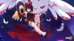 Rule 34 | 1girl, bare shoulders, bird, bob cut, chicken, chinese clothes, closed mouth, dress, earrings, feathers, flower, flower on head, full body, high heels, highres, honkai (series), honkai impact 3rd, jewelry, looking at viewer, multicolored hair, night, night sky, official art, official wallpaper, pumps, red eyes, red flower, red footwear, red hair, seele (alter ego), seele vollerei, seele vollerei (stygian nymph), shoe soles, short hair, sky, sleeveless, sleeveless dress, smile, solo, thighs, third-party source