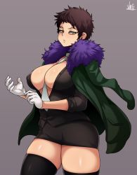 Rule 34 | 1girl, adjusting clothes, adjusting gloves, black shirt, black skirt, boku no hero academia, breasts, brown hair, buttons, overhaul (boku no hero academia), cleavage, dress, feather trim, genderswap, genderswap (mtf), gloves, green jacket, highres, jacket, jmg, large breasts, looking at viewer, mask, microdress, minidress, necktie, open clothes, open shirt, shirt, short hair, skirt, serious, thighhighs, thighs, unbuttoned, white gloves, white neckwear, yellow eyes