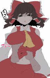 Rule 34 | 1girl, :o, ahoge, anger vein, ascot, bow, breasts, brown hair, clothes lift, covered erect nipples, d:, detached sleeves, disembodied hand, flat color, grabbing, grabbing another&#039;s breast, gyuunyuu jirou, hair bow, hair tubes, hakurei reimu, highres, large breasts, looking at viewer, navel, open mouth, pov, sexual harassment, shaded face, shirt lift, skirt, skirt set, solo focus, squinting, thick eyebrows, touhou