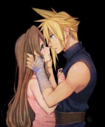 1boy, 1girl, aerith gainsborough, armor removed, asymmetrical hair, bandaged arm, bandages, belt, black background, blonde hair, blue eyes, blue pants, blue shirt, brown hair, cloud strife, couple, crying, dress, earrings, final fantasy, final fantasy vii, green eyes, hair between eyes, hair down, hands on another&#039;s chest, hands on another&#039;s head, jacket, jacket removed, jewelry, krudears, pants, pink dress, profile, shirt, sidelocks, single earring, spiked hair, square enix, tears, upper body, wavy hair
