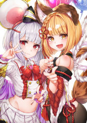 Rule 34 | 2girls, :d, absurdres, animal ear fluff, animal ears, balloon, bare shoulders, black legwear, blonde hair, blush, bow, braid, brooch, collared shirt, detached sleeves, dog ears, erune, fake animal ears, fang, granblue fantasy, hair bow, hair ornament, hairclip, heart, heart brooch, highres, hyouta (yoneya), jewelry, lips, long sleeves, looking at viewer, midriff, mouse ears, multiple girls, navel, new year, open mouth, pantyhose, pleated skirt, red eyes, rope, shimenawa, shirt, short hair, silver hair, simple background, skirt, smile, tail, upper body, v, vajra (granblue fantasy), vikala (granblue fantasy), white background, white shirt, white skirt, wide sleeves