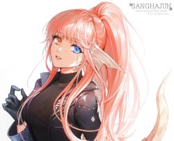 Rule 34 | 1girl, artist name, au ra, warrior of light (ff14), black gloves, black jacket, black shirt, blue eyes, commentary request, dragon girl, dragon tail, facial mark, final fantasy, final fantasy xiv, glint, gloves, hajun (hey sangha), hand up, heterochromia, high ponytail, highres, jacket, long hair, long sleeves, looking at viewer, open clothes, open jacket, orange eyes, orange hair, parted lips, ponytail, scales, shirt, sidelocks, simple background, solo, tail, turtleneck, twitter username, upper body, watermark, web address, white background