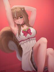 Rule 34 | 1girl, absurdres, animal ears, arm behind head, arm up, armpits, ayunda risu, ayunda risu (1st costume), bow, bowtie, breasts, brown choker, brown hair, choker, cleavage, closed mouth, collarbone, dress, fur choker, green eyes, highres, hololive, hololive indonesia, local catto, long hair, looking at viewer, medium breasts, one eye closed, red background, red bow, red bowtie, sidelocks, sitting, solo, squirrel ears, squirrel girl, squirrel tail, strapless, strapless dress, tail, trembling, twitter username, upper body, virtual youtuber, white dress