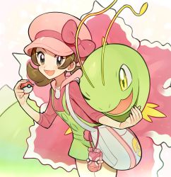 Rule 34 | 1girl, :d, alternate color, bag, blush, bow, brown eyes, brown hair, cabbie hat, commentary request, creatures (company), eyelashes, game freak, gen 2 pokemon, green overalls, hat, hat bow, highres, holding, holding poke ball, long hair, lyra (pokemon), meganium, nintendo, open mouth, pink bow, pink headwear, pink shirt, poke ball, pokegear, pokemon, pokemon (creature), pokemon masters ex, rata (m40929), shirt, sleeves past elbows, smile, tongue, twintails