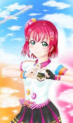 Rule 34 | 1girl, aircraft, airplane, alternate hairstyle, aqua eyes, artist name, artist request, black gloves, black legwear, black skirt, blue sky, blush, bracelet, braveheart coaster, breasts, cloud, collarbone, collared shirt, cyaron (love live!), day, earrings, female focus, fingerless gloves, gloves, green eyes, hair between eyes, hair bobbles, hair ornament, hairclip, heart, heart hands, highres, jewelry, kurosawa ruby, looking at viewer, love live!, love live! sunshine!!, outdoors, parted lips, ponytail, red hair, shirt, short hair, single fingerless glove, skirt, sky, smile, solo, star (symbol), star earrings, star hair ornament, white shirt, x hair ornament