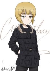 Rule 34 | 10s, 1girl, artist name, black coat, black pants, blonde hair, bukkuri, casual, character name, character signature, closed mouth, coat, cowboy shot, cursive, cutlass (girls und panzer), dated, girls und panzer, hand in pocket, light frown, long sleeves, looking at viewer, pants, short hair, signature, simple background, sketch, solo, white background, yellow eyes