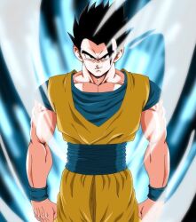 Rule 34 | 1boy, aura, black eyes, black hair, dragon ball, dragonball z, muscular, muscular arms, muscular male, pectoral cleavage, pectorals, potential unleashed, short hair, smile, smirk, solo, son gohan, spiked hair, tagme, ultimate gohan
