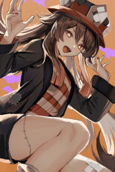 Rule 34 | 1girl, alternate costume, black jacket, black shorts, brown hair, genshin impact, halloween, halloween costume, hands up, hat, highres, hu tao (genshin impact), hu tao (halloween) (genshin impact), jacket, long sleeves, looking at viewer, open clothes, open jacket, red eyes, shirt, shorts, solo, stitched leg, stitches, striped clothes, striped shirt, thighs, twintails, unacha